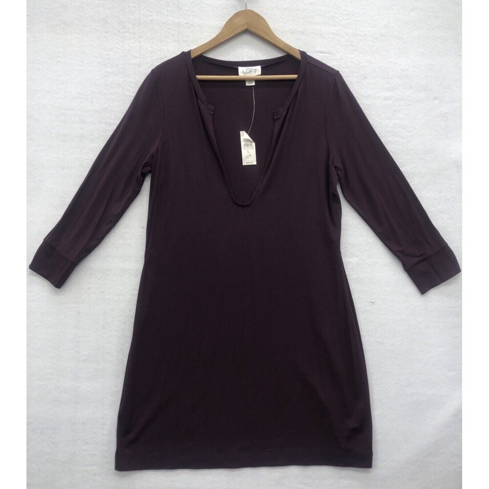 LOFT ANN TAYLOR Shirt Dress Size Large Purple Deep V Neck Casual Leisure